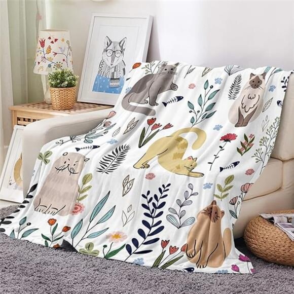 Cat Throw Blanket Floral Plush Fuzzy Cozy Flannel Blanket for Bed Couch 50x60 - Picture 8 of 8